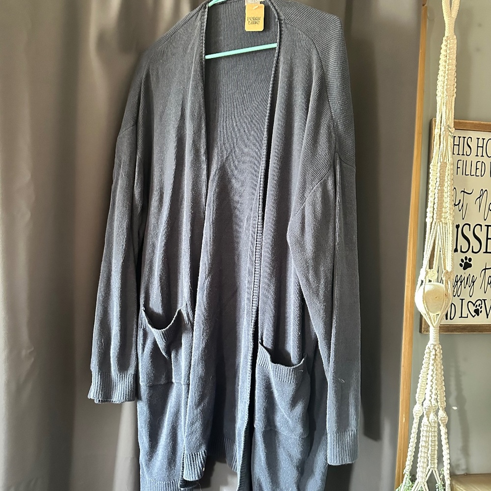 Long blue open front sweater